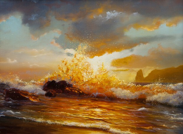 Oil painting on canvas - Crashing waves at sunset